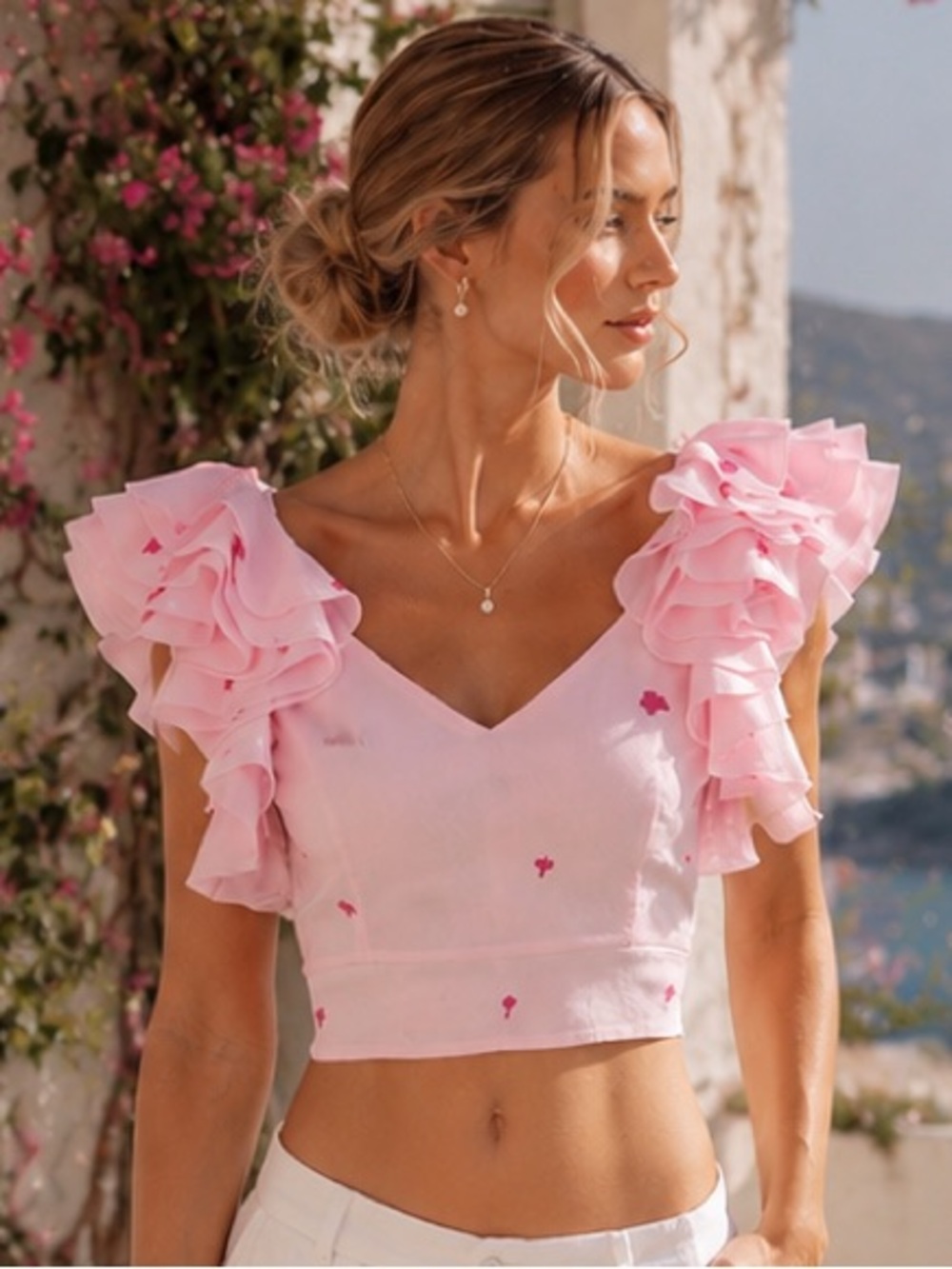 NWT FANM MON Anais Linen Ruffle Embroidered Crop Top in Light pink Size S - Picture 6 of 16